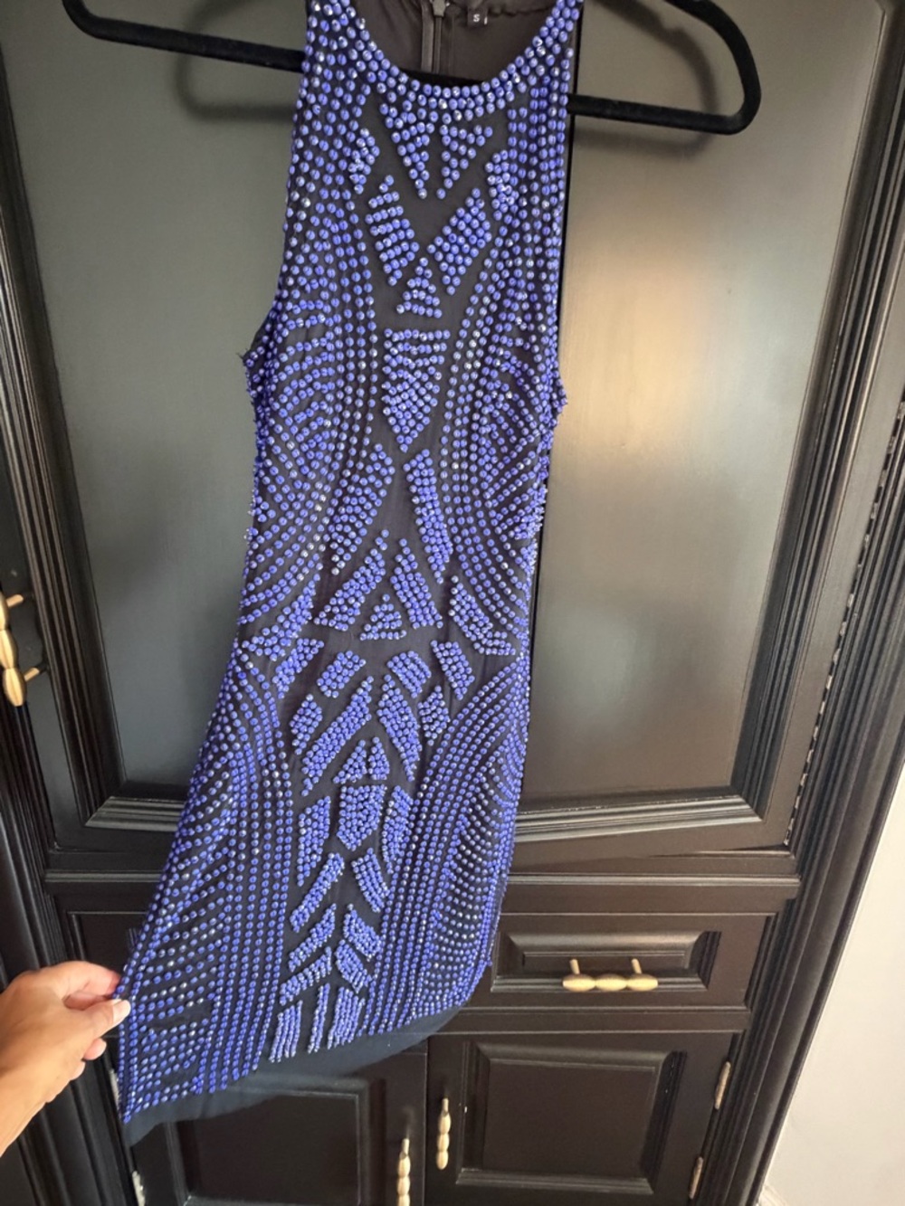 New Beaded Blue & Black Halter Party Dress